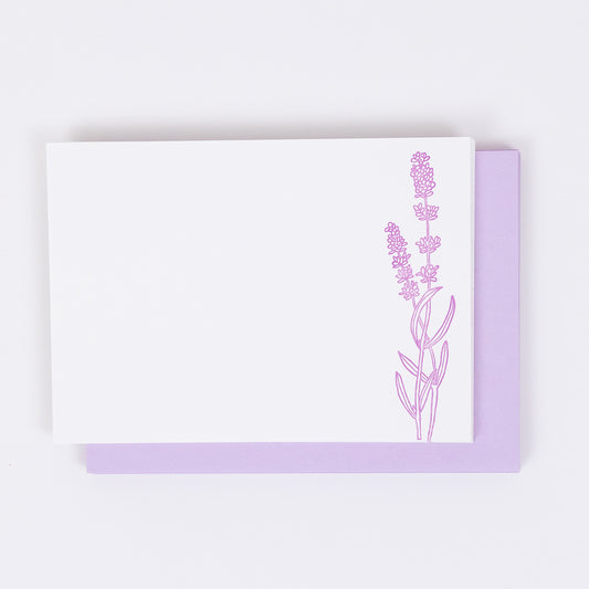 Set of 10 Letterpress Note Cards featuring a hand-drawn lavender sprigs, letterpress printed in a vibrant lavender ink onto 100% cotton paper. Includes 10 soft lavender envelopes. Size A6.