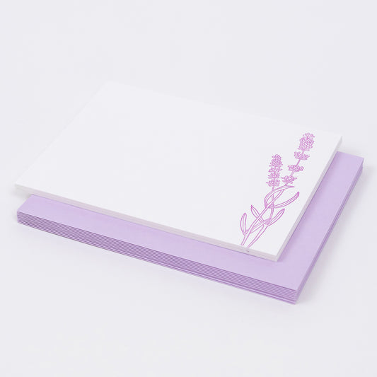 Set of 10 Letterpress Note Cards featuring a hand-drawn lavender sprigs, letterpress printed in a vibrant lavender ink onto 100% cotton paper. Includes 10 soft lavender envelopes. Size A6.