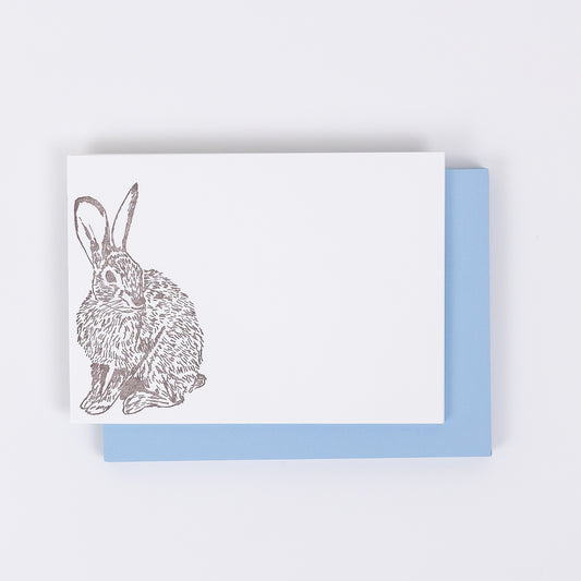 Set of 10 Letterpress Note Cards featuring a hand-drawn Cottontail Rabbit letterpress printed in a warm brown ink onto 100% cotton paper. Includes 10 baby blue envelopes. Size A6. The cards are stacked on the envelopes shown on a white background.