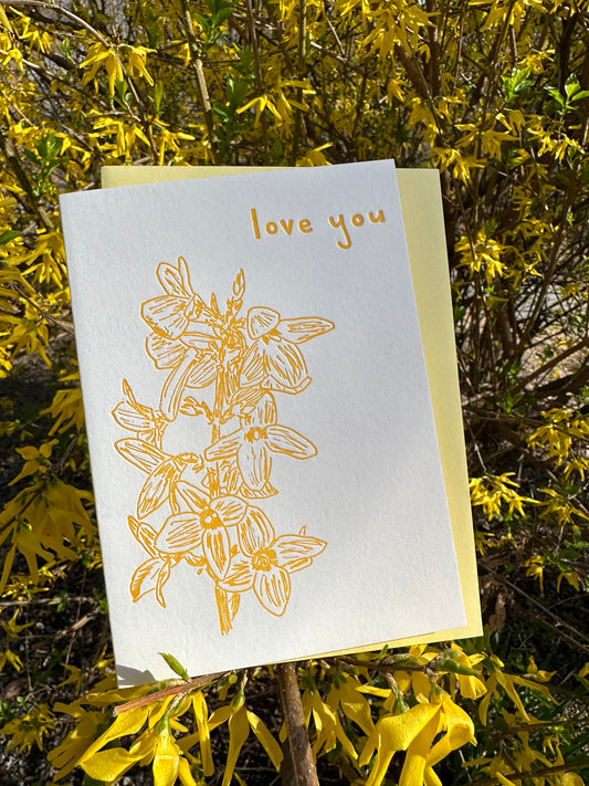 Letterpress greeting card featuring hand-drawn forsythia branches, printed in a vibrant golden ink. Whimsical hand-drawn text saying "Love You" is shown on the top right corner of the card, in the same vibrant golden ink. The card is white, blank inside, and is paired with a light yellow envelope. Card is shown in a forsythia bush in full bloom with yellow flowers.