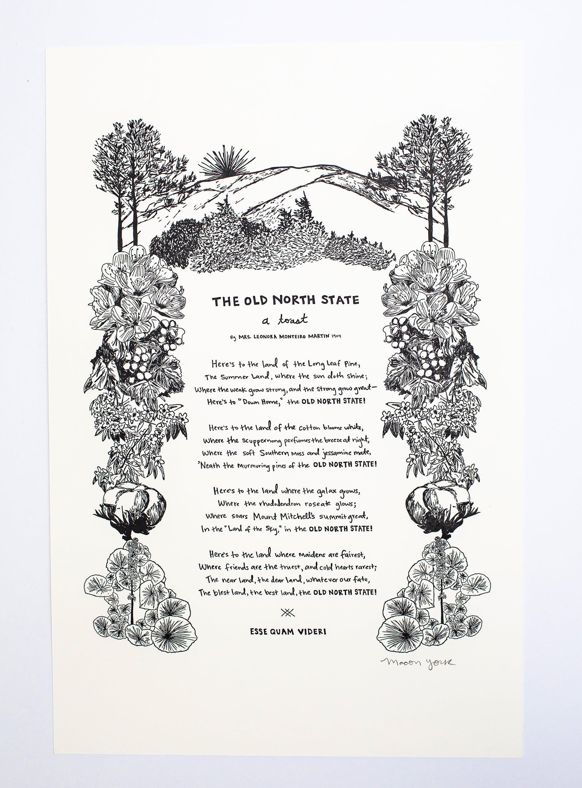 Large letterpress art print featuring "The Old North State," an ode to North Carolina and all her natural beauty, written in 1904 by Mrs. Leonora Monteiro. Macon York has hand-written the entire toast in her whimsical style. All the native plants in the toast are hand-drawn to create a border around the text.