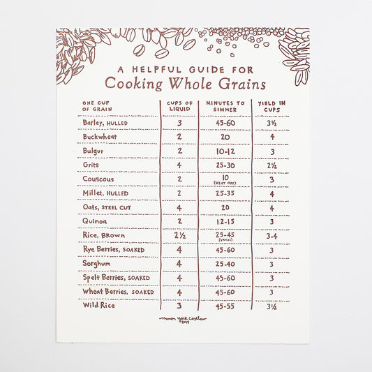 8x10 Letterpress Art Print - Helpful Guide to Cooking Whole Grains to hang in the kitchen to be a quick and easy reference for how much water to add to a cup of grains and how long to cook. Great gift for newlyweds, hostess gift, vegans and vegetarians, and more! Text is hand-drawn. Letterpress tactile texture.