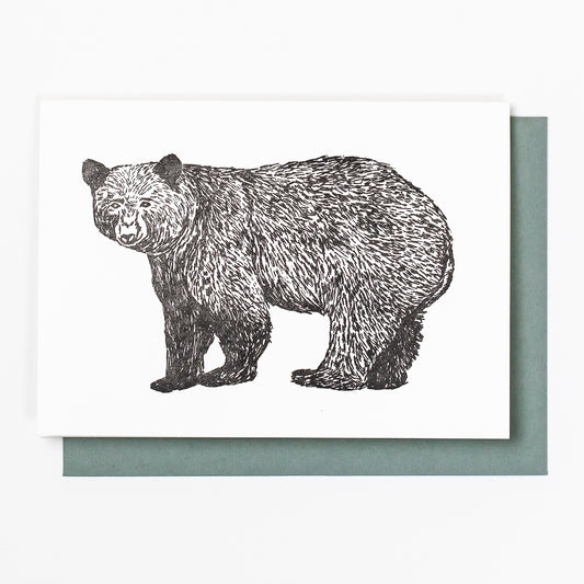 Letterpress greeting card featuring hand-drawn Appalachian Black Bear, printed in a rich black ink. There is no text on the card. The white card is 100% cotton, blank inside, and is paired with a slate gray envelope.