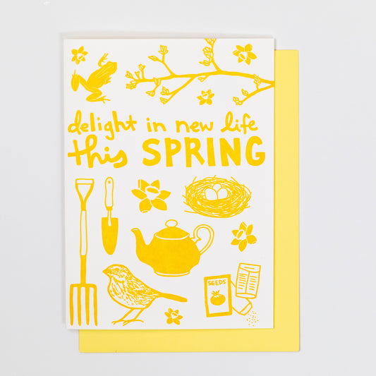 Celebrate SPRING with this festive greeting card! This cheerful card features all the iconic images of the fall spring: daffodils, spring peeper frogs, forsythia branch, gardening tools, vegetable seeds, teapot, birds nest with eggs, and a sparrow. Hand-drawn images and typography are letterpress-printed in deep golden ink.