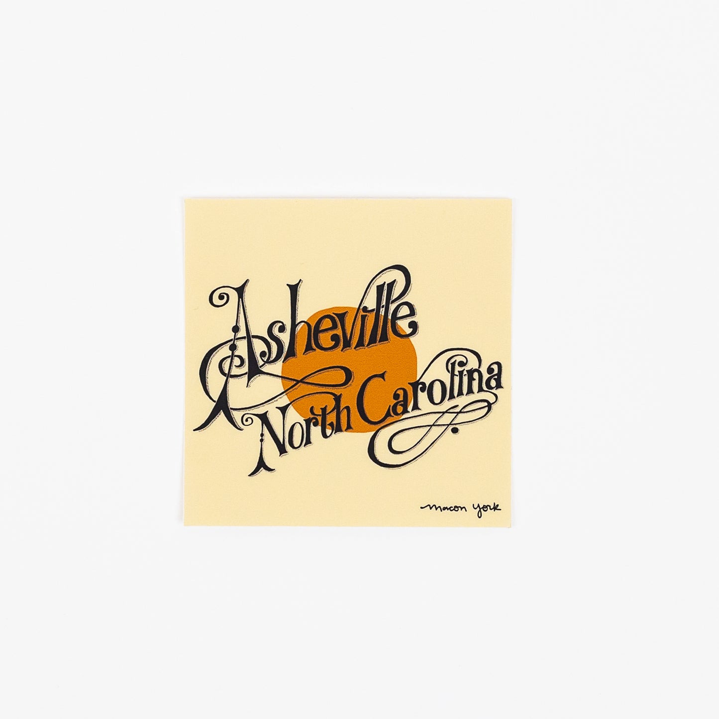 This square vinyl sticker is a tribute to two things I really love - Asheville, North Carolina and Neil Young's "Harvest." The iconic typography of the album art has been reimagined into the words Asheville North Carolina. The typography is hand-drawn by Macon York. 3" x 3" Vinyl Sticker