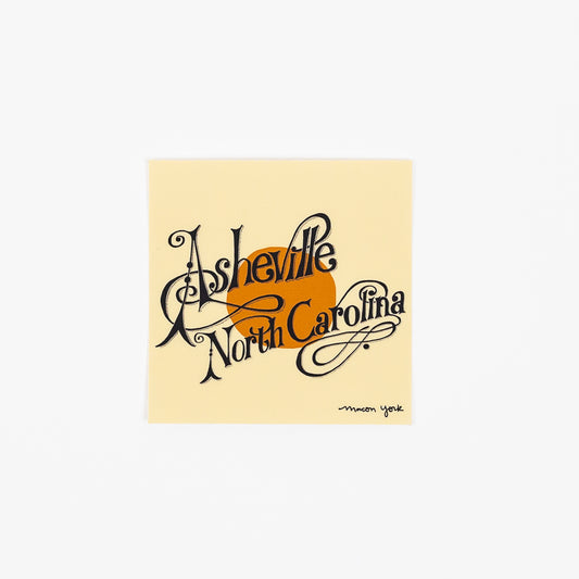 This square vinyl sticker is a tribute to two things I really love - Asheville, North Carolina and Neil Young's "Harvest." The iconic typography of the album art has been reimagined into the words Asheville North Carolina. The typography is hand-drawn by Macon York. 3" x 3" Vinyl Sticker