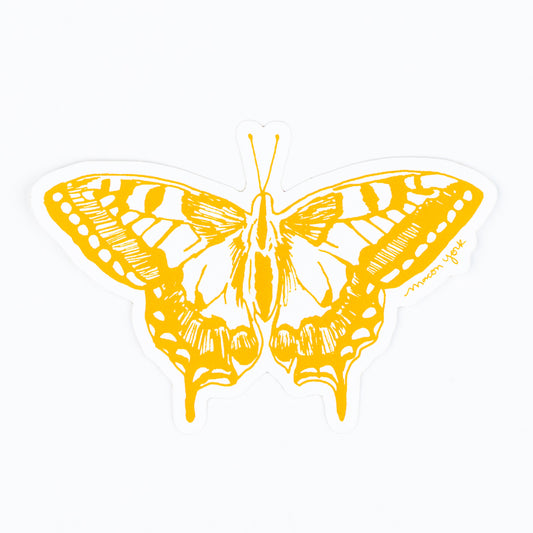 This Swallowtail sticker is a premium vinyl sticker that captures the beauty of the summertime Appalachian mountains. It features a hand-drawn image of the iconic swallowtail butterfly, perfect for those who appreciate the natural wonders of the region. Mustard gold ink.