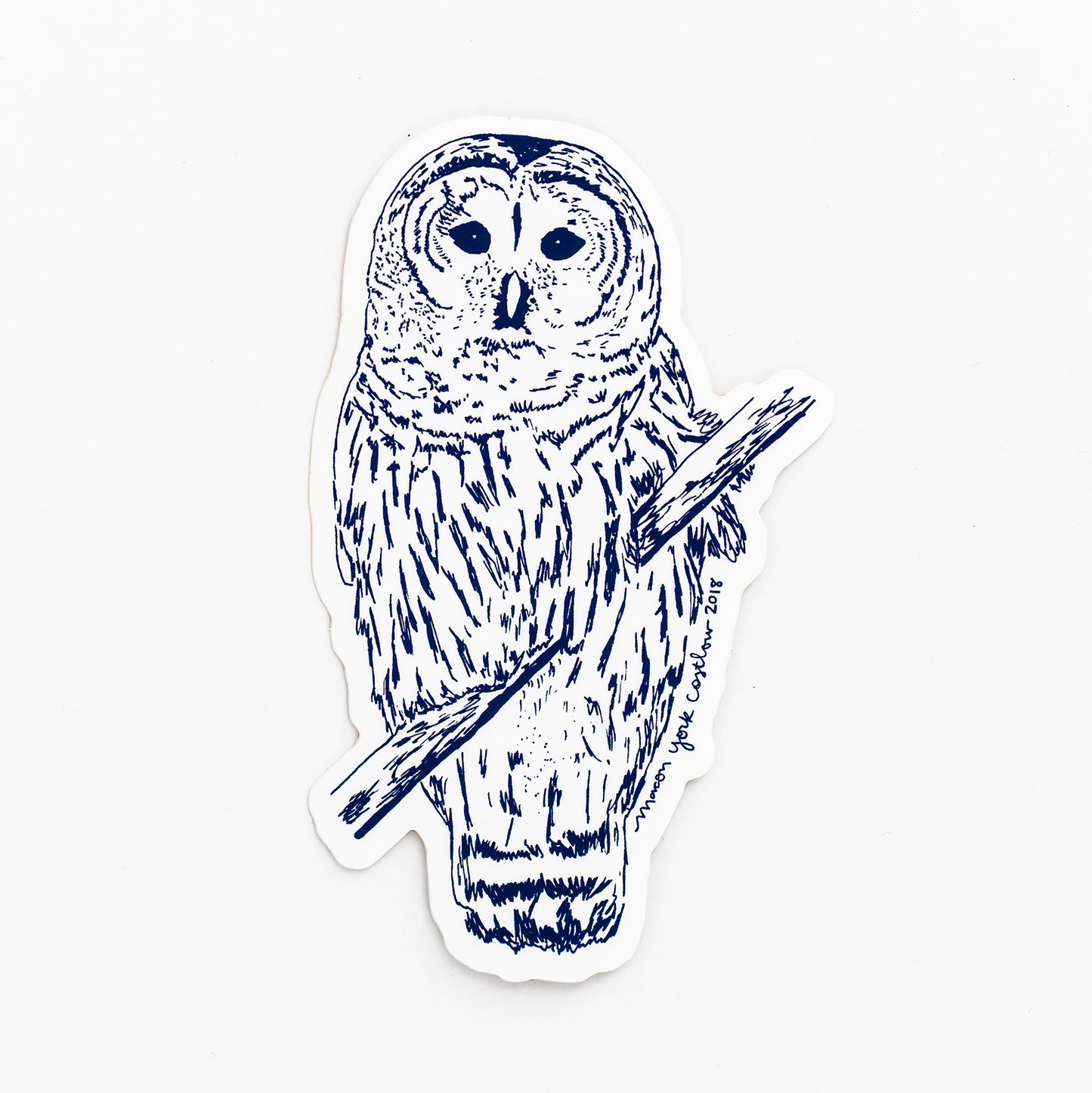 Hand-drawn barred owl in Macon York's whimsical illustration style. 2.25" x 3" Vinyl Sticker