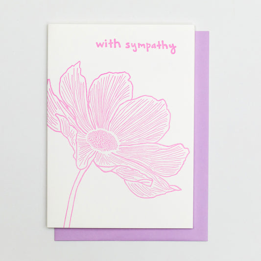 Letterpress greeting card featuring an intricate hand-drawn poppy flower, printed in a vibrant red ink ink. Whimsical hand-drawn text saying "Sincere Condolences" is shown on the right of the card, in the same red ink. The card is white, blank inside, and is paired with a soft yellow envelope.