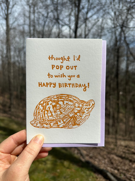 Letterpress greeting card featuring a hand-drawn Appalachian Box Turtle printed in a vibrant dark orange ink. "Thought I'd pop out to wish you a Happy Birthday!" is written on the top of the card in a whimsical hand-drawn text, in the same orange ink. The card is white, blank inside, and is paired with a lilac purple envelope. Card is held up outside in front of a spring forest on a sunny day.