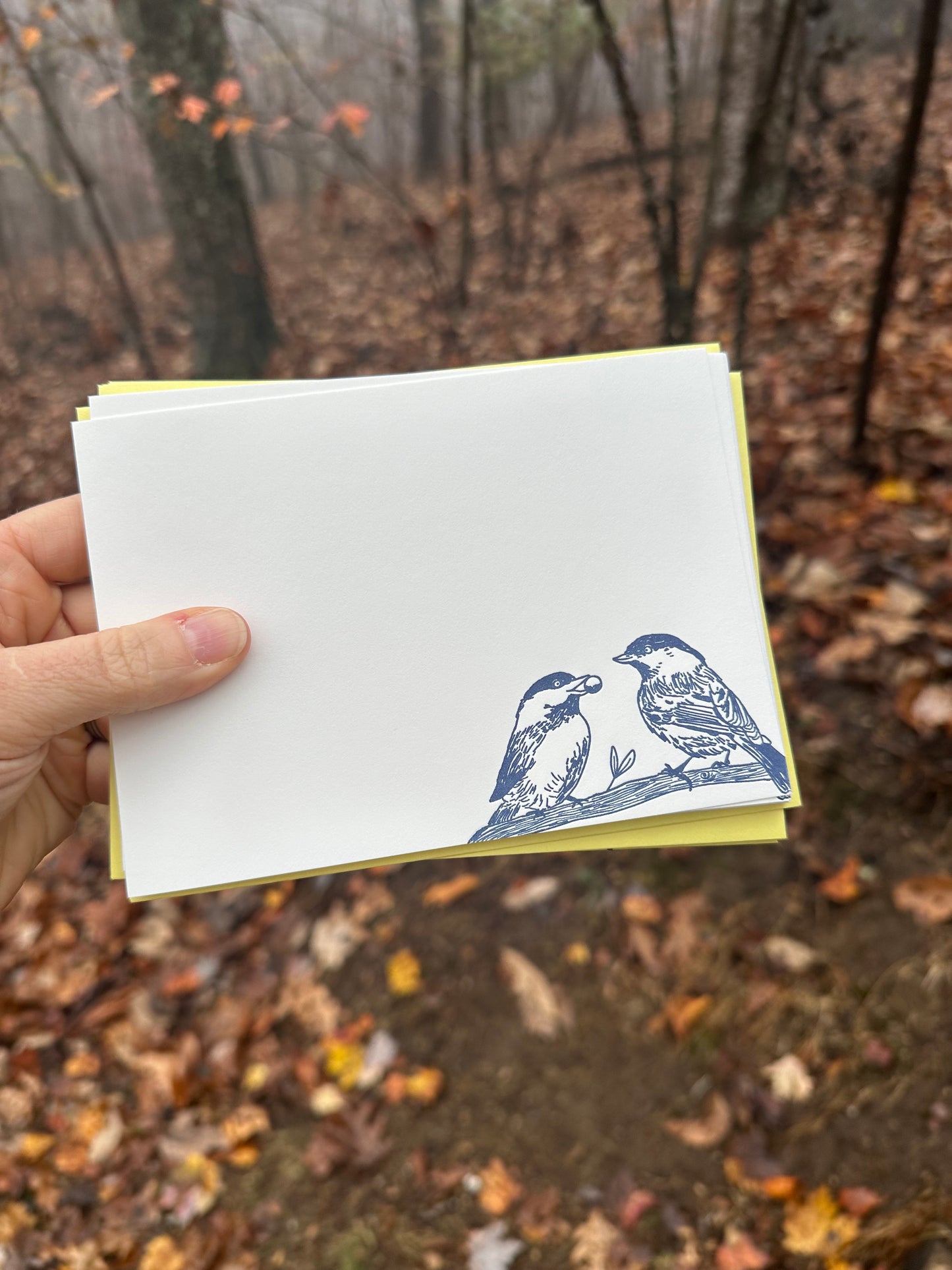 Hand holding a letterpress note card featuring two hand-drawn chickadees perched on a branch, printed in deep navy ink. Paired with a golden-yellow envelope. The background shows a misty forest with fallen leaves.