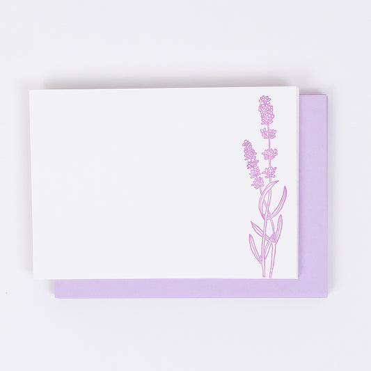 Set of 10 Letterpress Note Cards featuring a hand-drawn lavender sprigs, letterpress printed in a vibrant lavender ink onto 100% cotton paper. Includes 10 soft lavender envelopes. Size A6.  