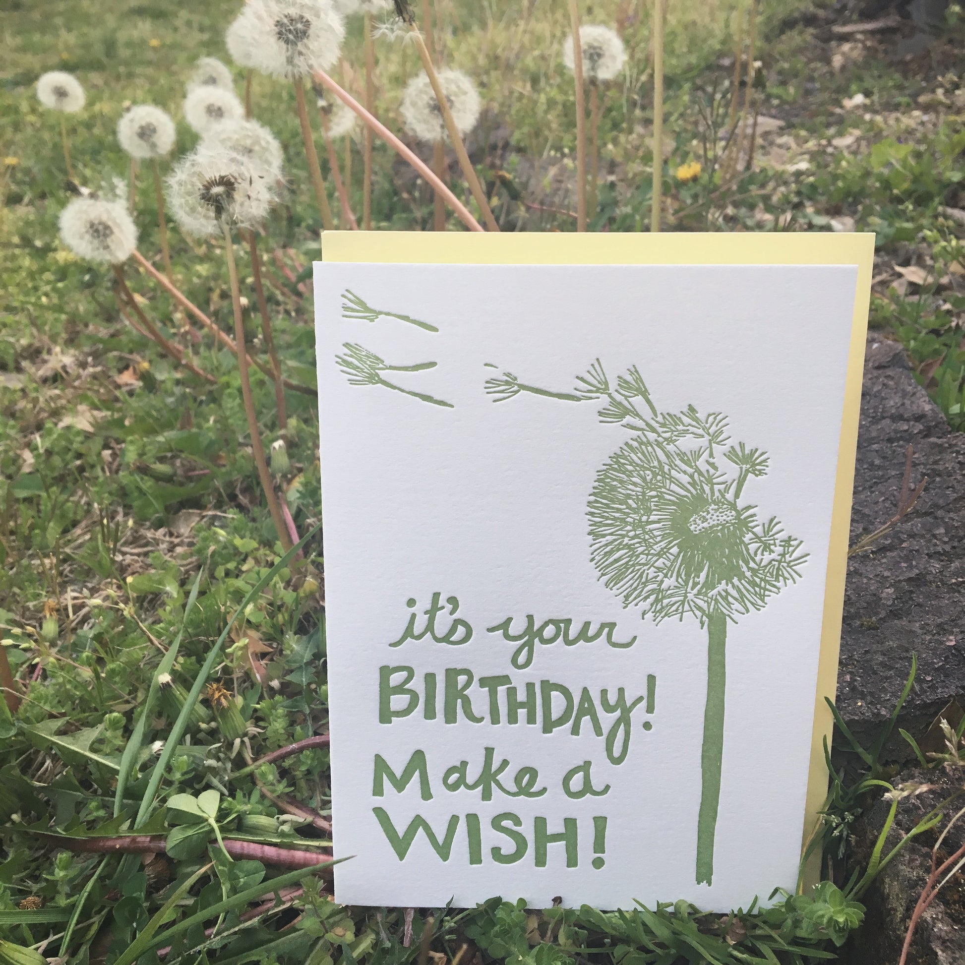 Letterpress greeting card featuring a hand-drawn dandelion printed in an earthy sage green ink. The bottom left of the card says "It's your birthday! Make a wish!" in a whimsical hand-drawn text, in the same earthy sage green ink. The card is white, blank inside, and is paired with a soft yellow envelope. Card is shown in front of a cluster of dandelion puffs outside on a spring day.