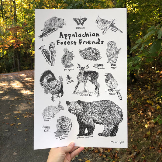 A large (12" x 18") Letterpress Art Print featuring hand-drawn animals in the Appalachain Mountain region. This letterpress-printed piece features an array of adorable woodland hand-drawn critters sure to bring a bit of woodland whimsy to your decor. Each critter is labeled with hand-drawn text, so it's educational, too! The print is shown outside in front of an autumn forest. 