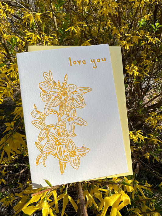 Letterpress greeting card featuring hand-drawn forsythia branches, printed in a vibrant golden ink. Whimsical hand-drawn text saying "Love You" is shown on the top right corner of the card, in the same vibrant golden ink. The card is white, blank inside, and is paired with a light yellow envelope. Card is shown in a forsythia bush in full bloom with yellow flowers. 