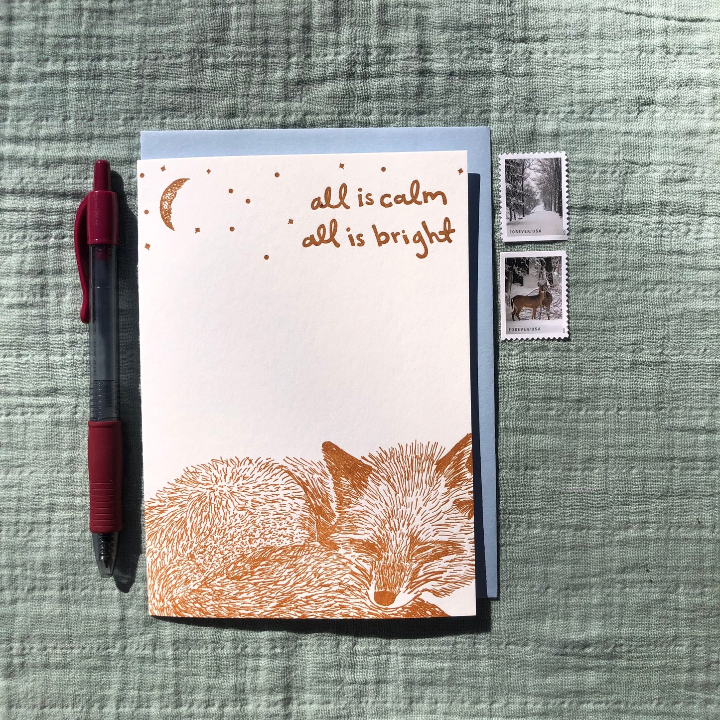 Holiday Letterpress Greeting Card: All is Calm Sleeping Fox