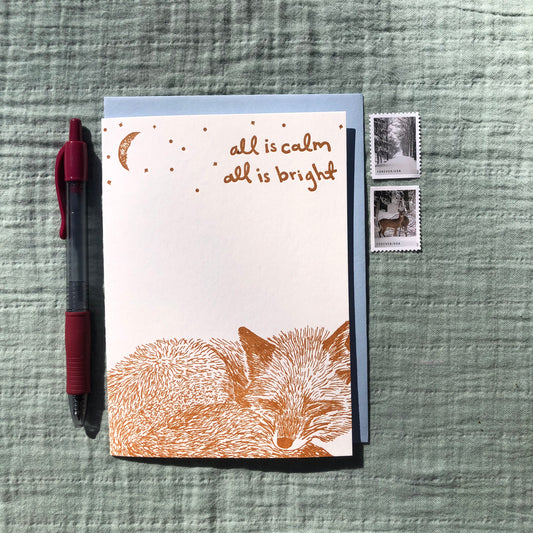 Holiday Letterpress Greeting Card: All is Calm Sleeping Fox