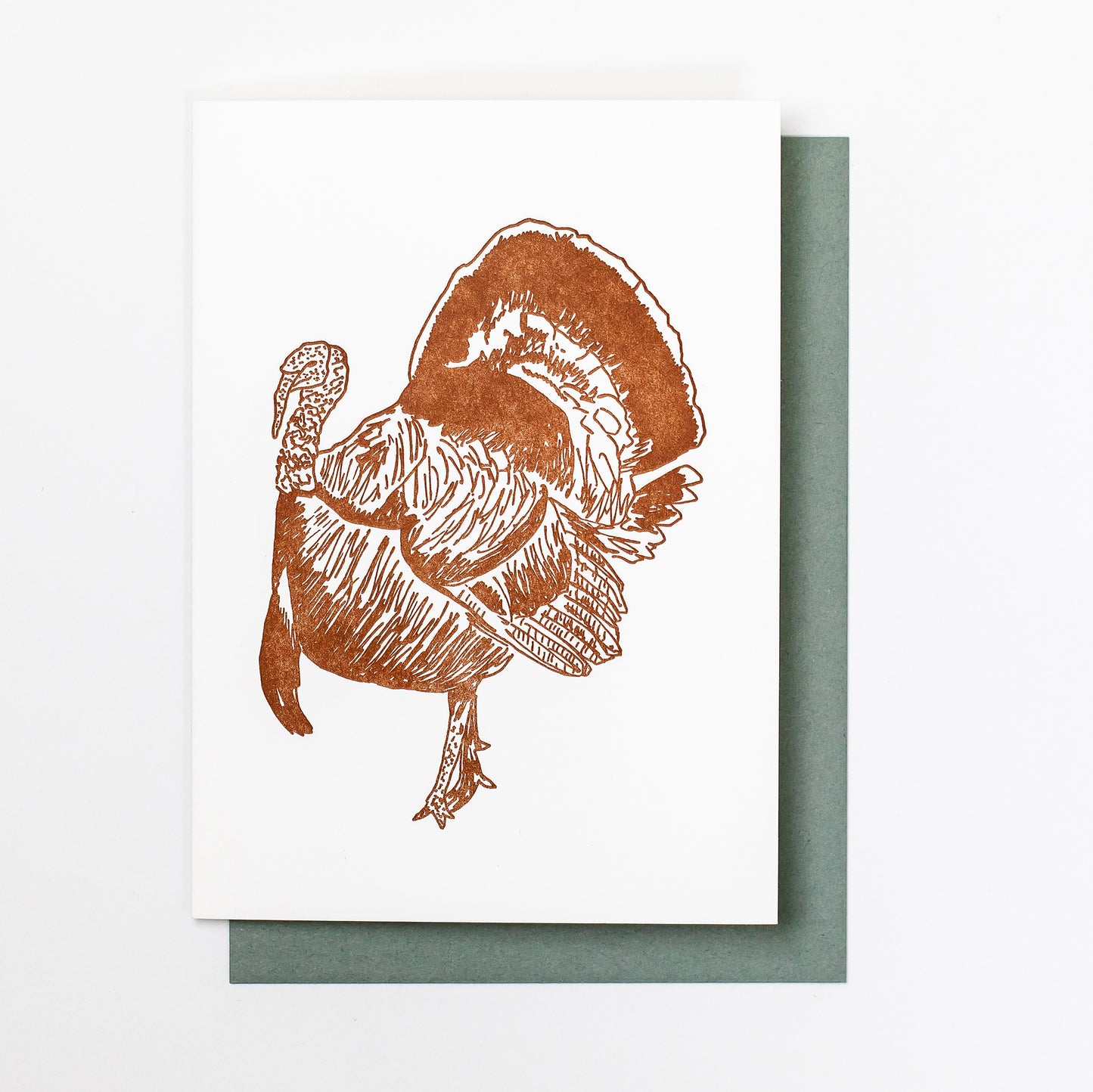 Letterpress greeting card featuring hand-drawn Appalachian Wild Tom Turkey, printed in an earthy brown ink. There is no text on the card. The white card is 100% cotton, blank inside, and is paired with a slate gray envelope.