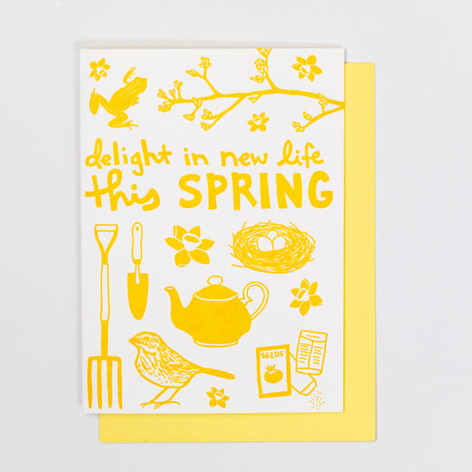 Celebrate SPRING with this festive greeting card! This cheerful card features all the iconic images of the fall spring: daffodils, spring peeper frogs, forsythia branch, gardening tools, vegetable seeds, teapot, birds nest with eggs, and a sparrow. Hand-drawn images and typography are letterpress-printed in deep golden ink. 
