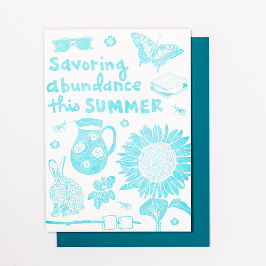 Celebrate SUMMER with this festive greeting card! This cheerful card features all the iconic images of the summer: sunglasses, marigolds, swallowtail butterfly, store, lightning bug / firefly, sunflower, lemonade, basil, bunny rabbit, marshmallows on a stick.   Hand-drawn images and typography are letterpress-printed in light turquoise blue ink (color varies from card to card). The interior is blank. This single greeting card includes a deep turquoise envelope.