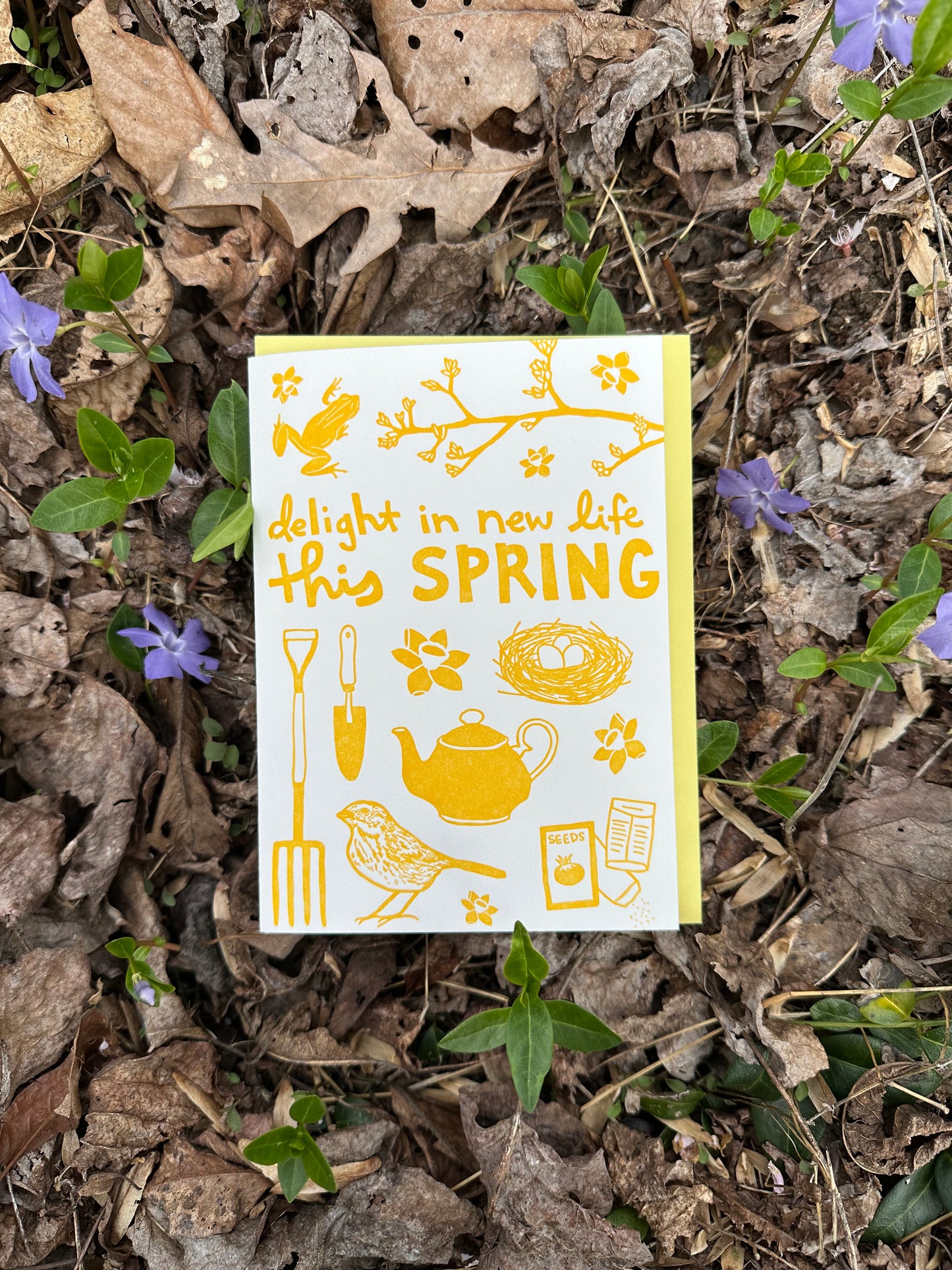 Celebrate SPRING with this festive greeting card! This cheerful card features all the iconic images of the fall spring: daffodils, spring peeper frogs, forsythia branch, gardening tools, vegetable seeds, teapot, birds nest with eggs, and a sparrow. Hand-drawn images and typography are letterpress-printed in deep golden ink.  Card is shown outside in a bed of periwinkle.