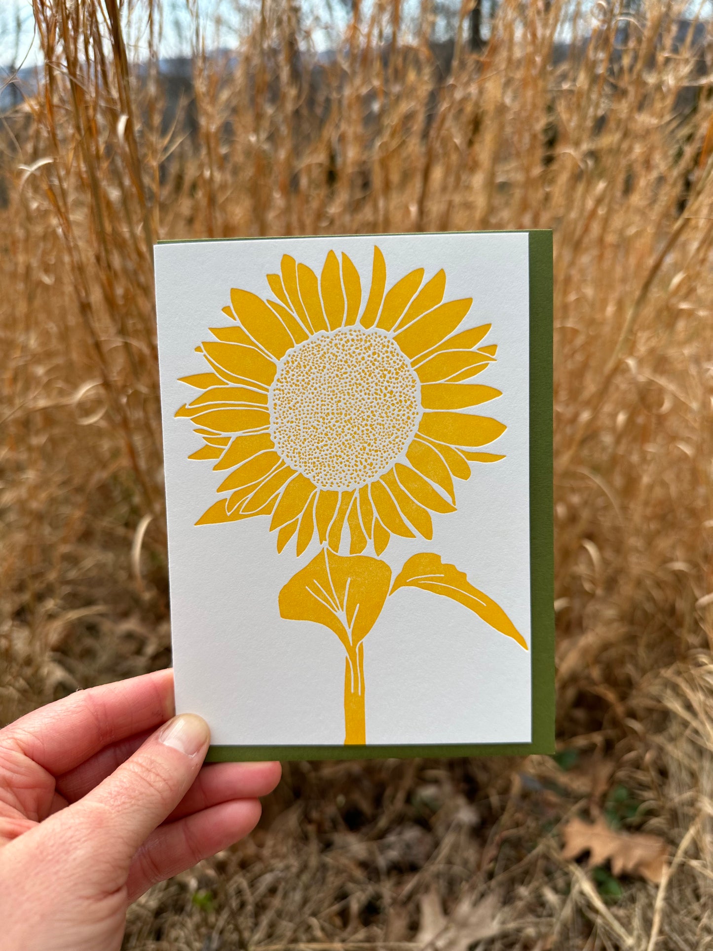 Letterpress greeting card featuring a cheeful Sunflower, printed in a vibrant golden-yellow ink. There is no text on the card. The white card is 100% cotton, blank inside, and is paired with a rich green envelope. Card is shown outside in a grassy field in late winter. 