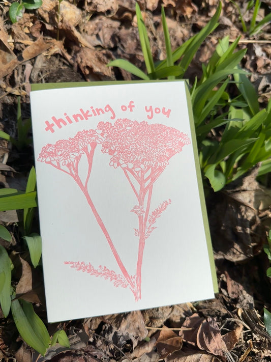 Letterpress greeting card featuring hand-drawn yarrow, printed in a rosy pink ink. Whimsical hand-drawn text saying "Thinking of You" is shown at the top of the card, in the same pink ink. The card is white, blank inside, and is paired with a green envelope. The card is shown outside laying on lily leaves. 